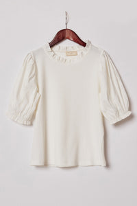 G11107-Off White Pleated Cinched Sleeve Top Front