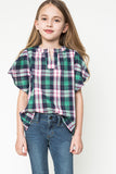 G3248 Green Mix Plaid Ruffle Sleeve Top Front