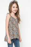 G3268 GREEN MIX Printed Ruffle Slip Tank Front