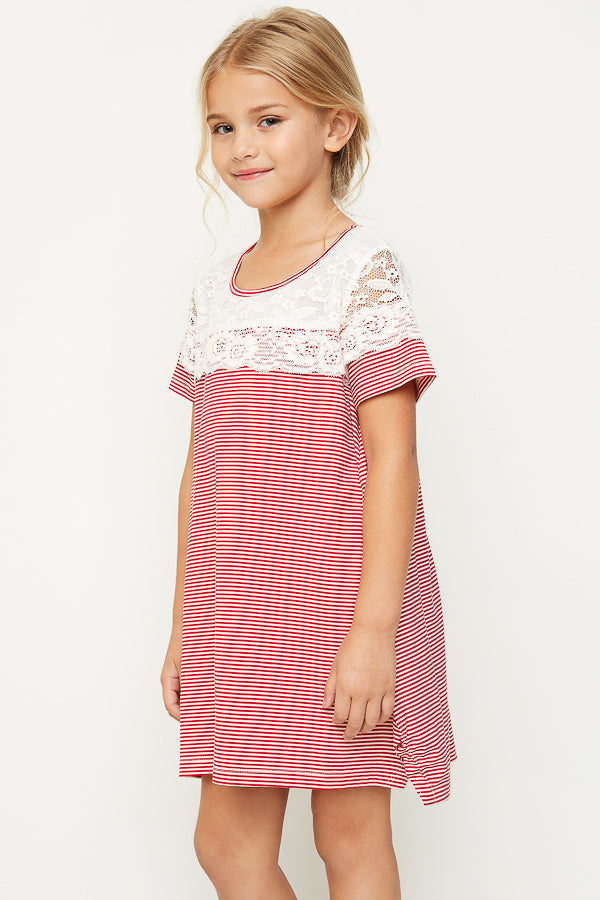 G3612 Red Girls Stripe Lace A-Line Tee Front