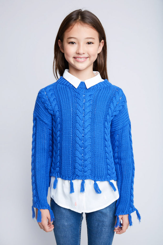 G3983 COBALT BLUE Cable Knit Crop Sweater Front