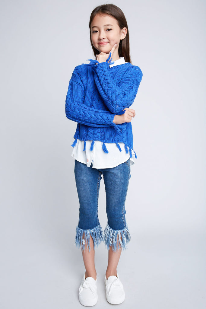 G3983 COBALT BLUE Cable Knit Crop Sweater Alternate Angle