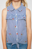 G4215 BLUE Embroidered Front Tie Tank Top Front Detail