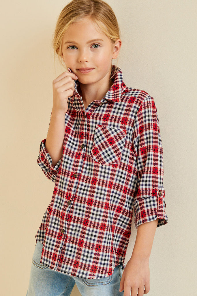 G4336 Cherry Girls Embroidered Plaid Button-Down Top Front