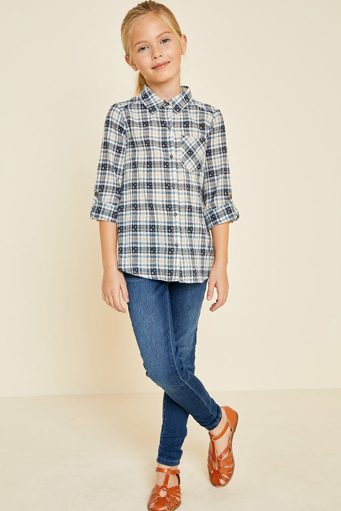 G4336-NAVY Embroidered Plaid Button-Down Top Alternate Angle
