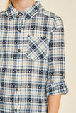 G4336-NAVY Embroidered Plaid Button-Down Top Front Detail