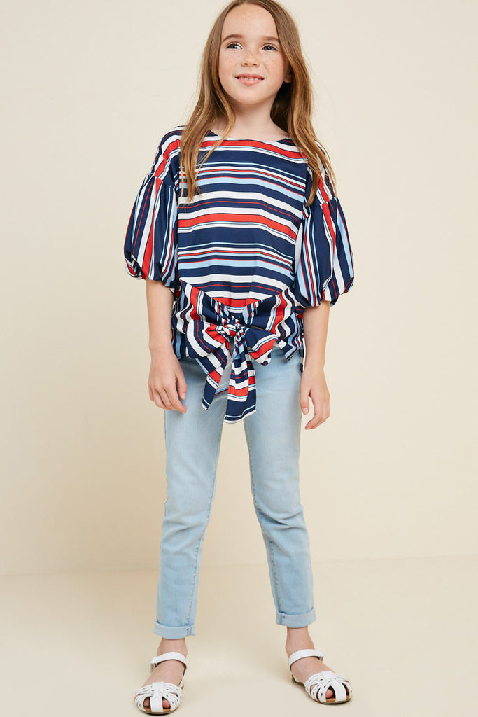 G4383-BLUE MIX Striped Bubble Sleeve Tie-Front Top Alternate Angle