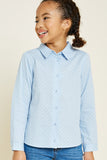G4408-SKY Printed Button-Down Scallop Top Front