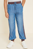 G4542-MID DENIM Chambray Side-Stripe Joggers Front