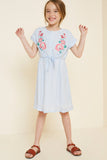 G4566-SKY Stripe Floral Embroidered Mini Tie-Front Dress Front