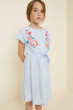 G4566-SKY Stripe Floral Embroidered Mini Tie-Front Dress Alternate Angle