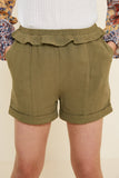 G4596-OLIVE Linen Ruffle Trouser Shorts Front