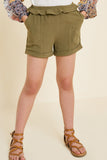 G4596-OLIVE Linen Ruffle Trouser Shorts Alternate Angle