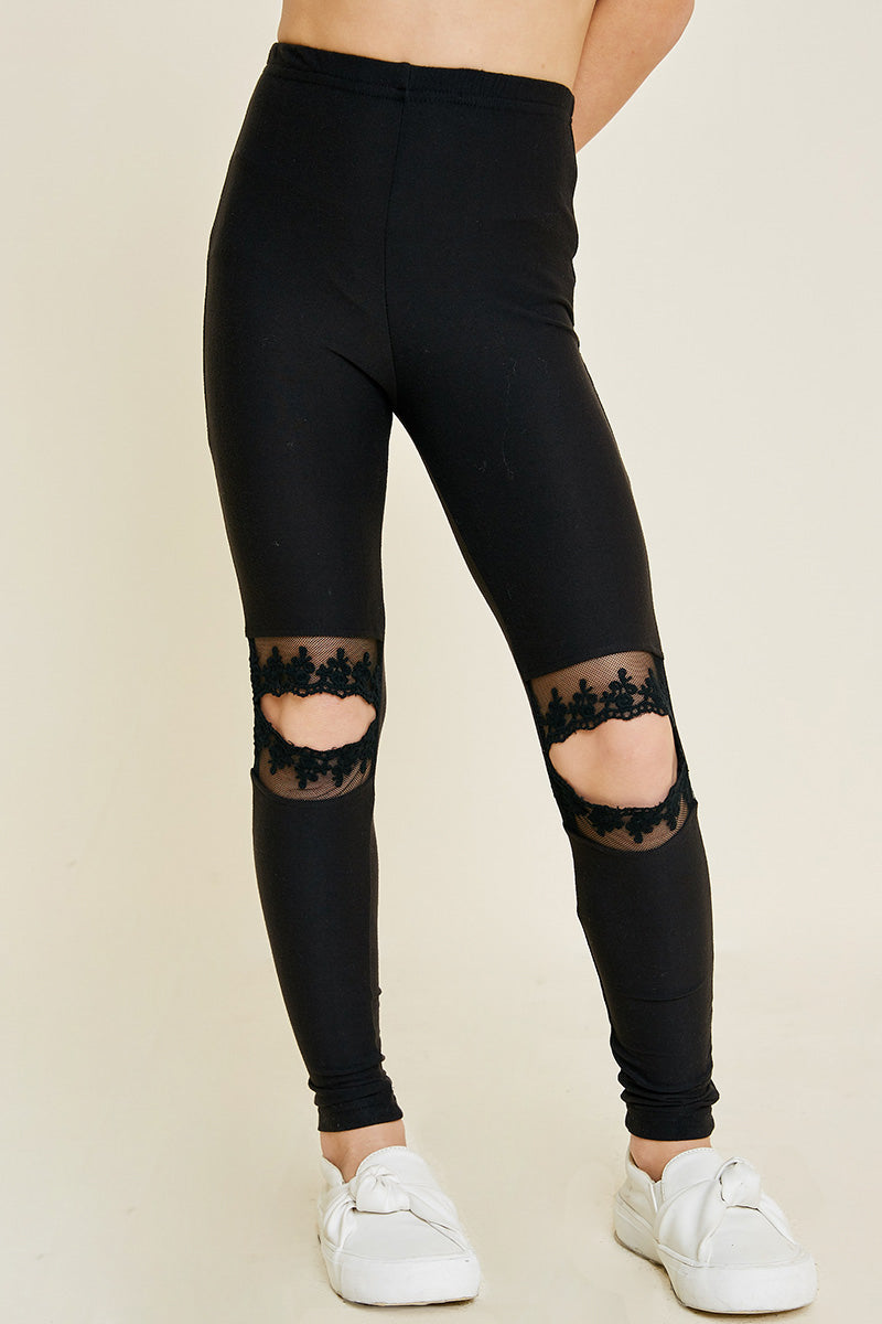 G5422-BLACK Lace Cut-Out Brushed Leggings Front