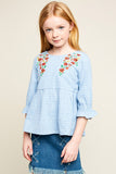 G5772 Blue Girls Floral Embroidered Ruffle Top Front