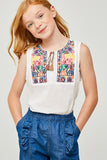 G6363-OFF WHITE Embroidered Tie-Front Peasant Top Front
