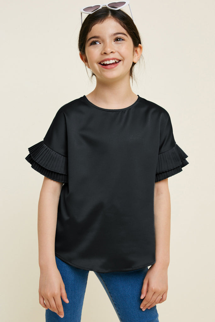 G7431-BLACK Pleated Tier Sleeve Top Front