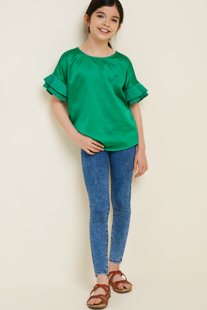 G7431-KELLY GREEN Pleated Tier Sleeve Top Full Body
