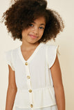 G7496-STONE Button-Down Tiered Ruffle Hem Top Front