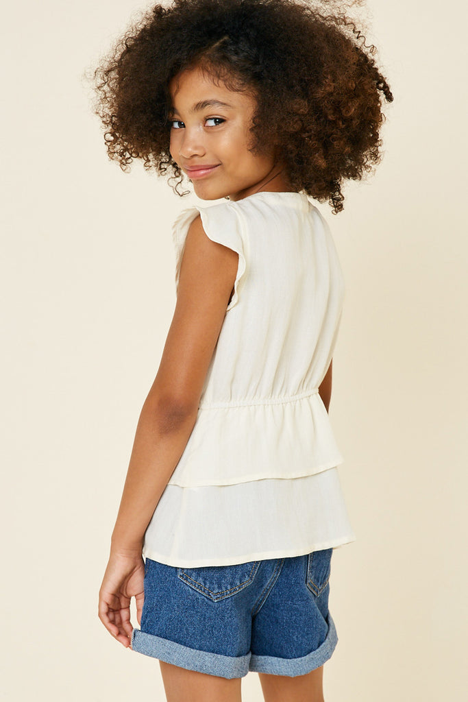 G7496-STONE Button-Down Tiered Ruffle Hem Top Back