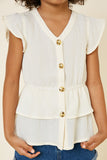 G7496-STONE Button-Down Tiered Ruffle Hem Top Front Detail
