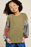 G7651-LT OLIVE Patchwork Sleeve Waffle Knit Long Sleeve Top Front