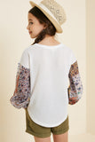G7651-OFF WHITE Patchwork Sleeve Waffle Knit Long Sleeve Top Back