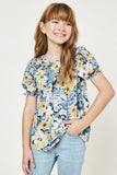 G8203-BLUE MIX Floral Ruched Neck Top Front