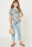 G8203-BLUE MIX Floral Ruched Neck Top Alternate Angle
