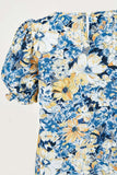 G8203-BLUE MIX Floral Ruched Neck Top Front Detail
