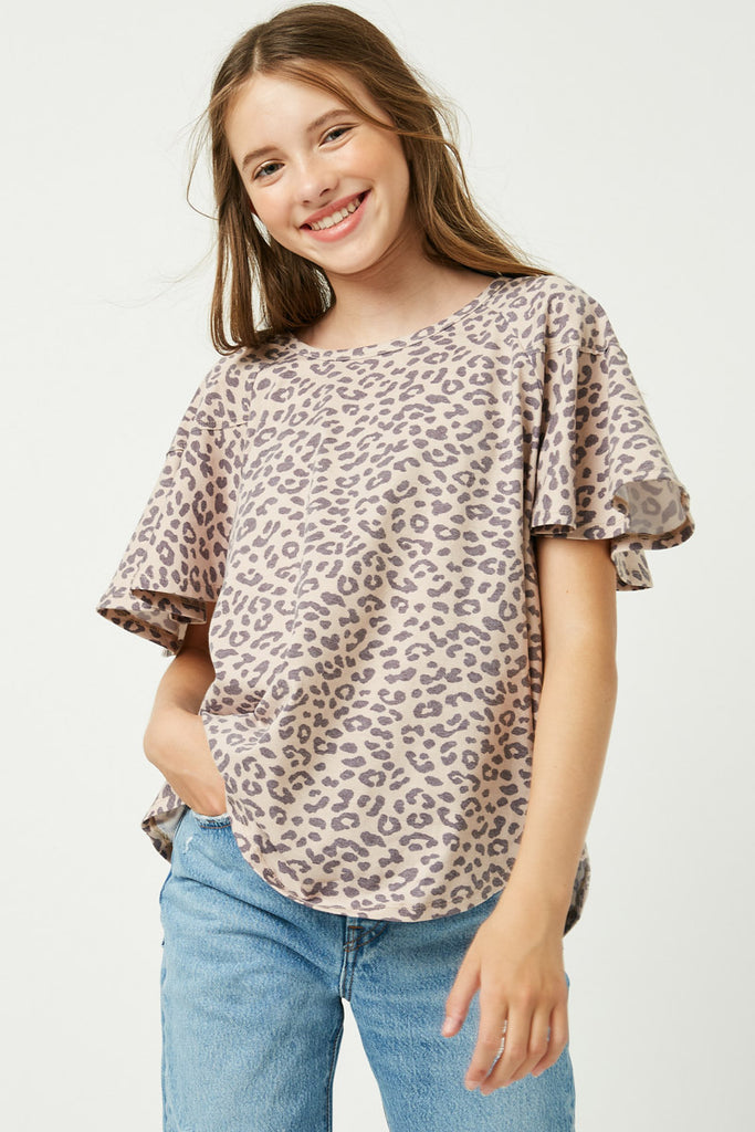 G9260 Taupe Girls Stone Washed Leopard Tee Front