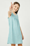 GDJ3430 Aqua Girls Gauze Stripe Babydoll Mini Dress Pose