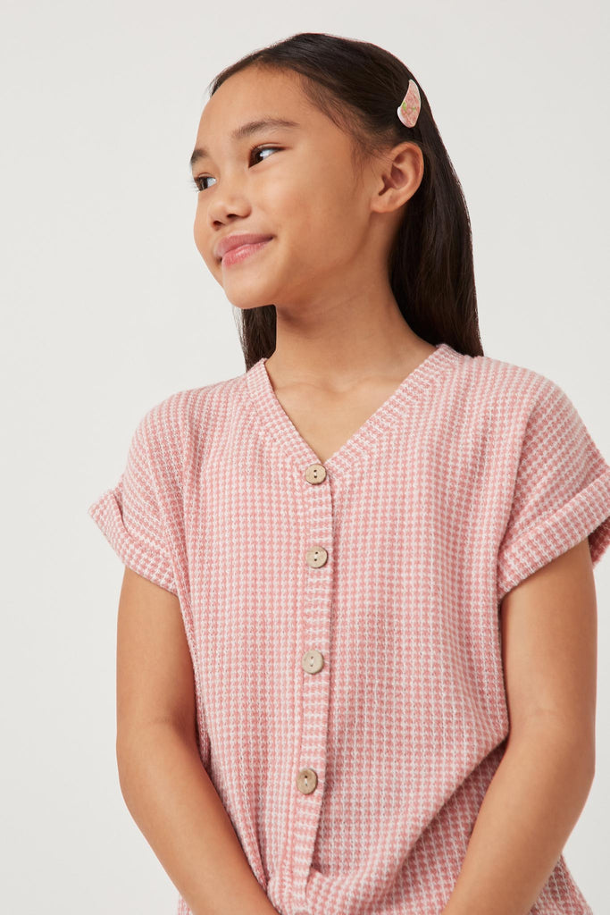 GDN4632 PINK Girls Textured Knit Buttoned Twist Front Top Front