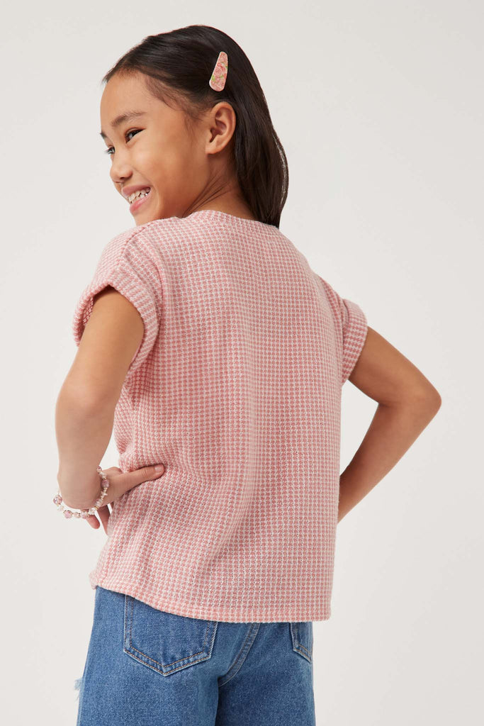 GDN4632 PINK Girls Textured Knit Buttoned Twist Front Top Back