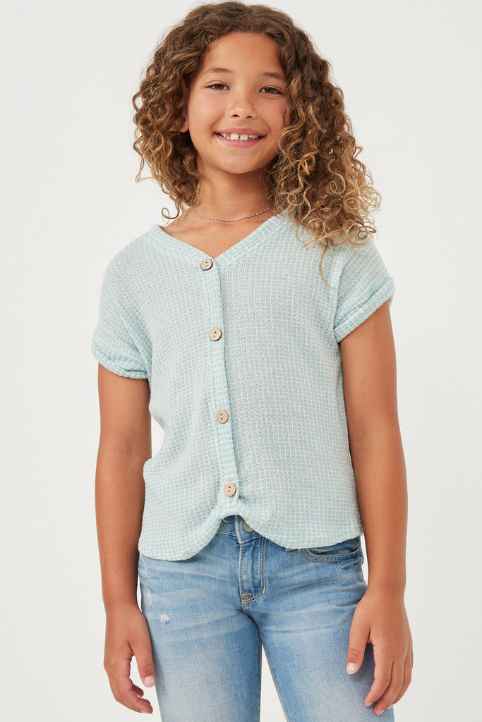 GDN4632 SAGE Girls Textured Knit Buttoned Twist Front Top Front