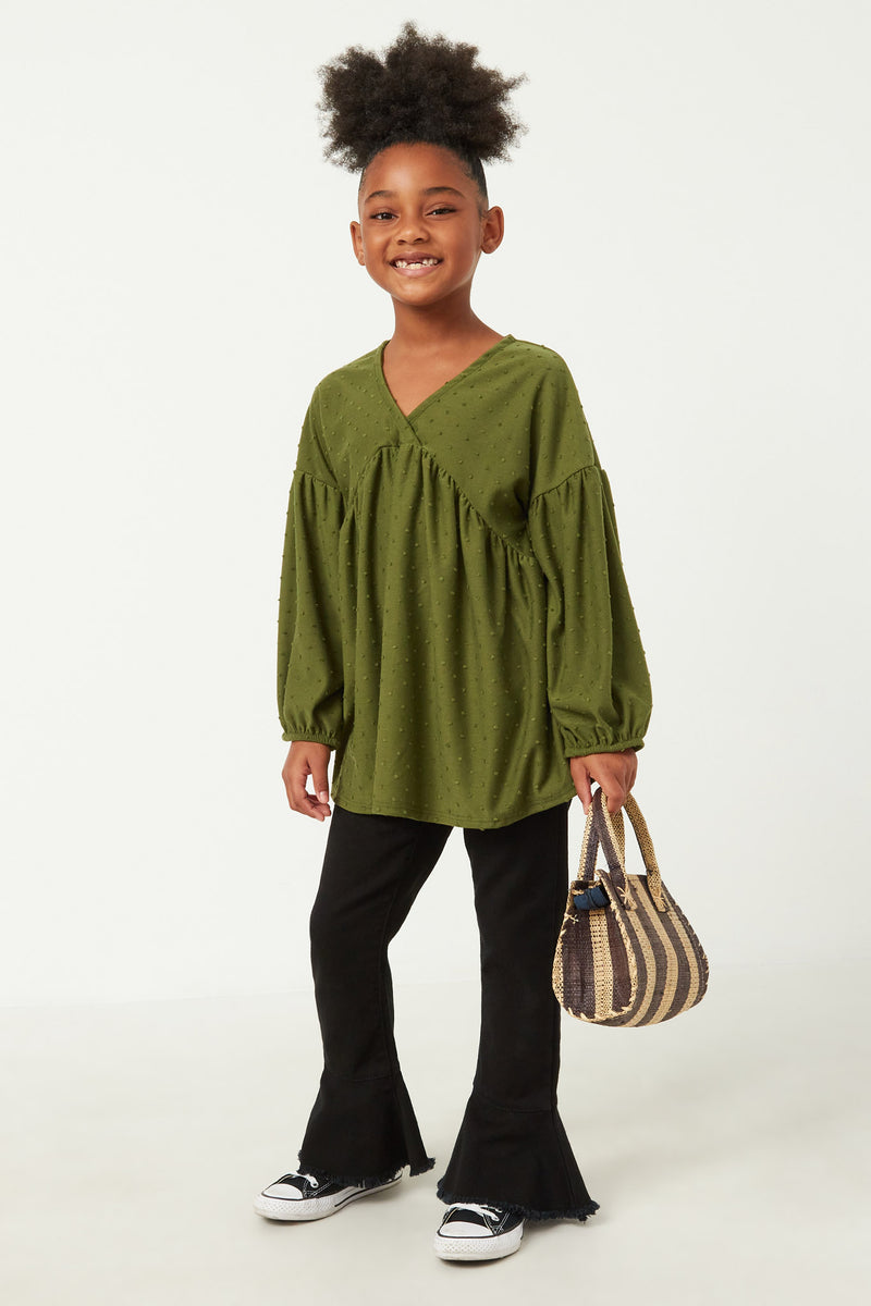 GDY5064 OLIVE Girls Puff Sleeve V Neck Knit Swiss Dot Top Full Body