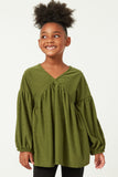 GDY5064 OLIVE Girls Puff Sleeve V Neck Knit Swiss Dot Top Front