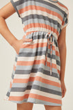 GDY5876 Mint Mix Girls Stripe Terry Tie Waist Mini Dress Detail
