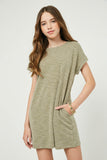 GJ3311 Olive Girls Roll Sleeve Pocketed Slub Knit Mini Dress Front