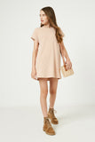 GJ3311 Pale Pink Girls Roll Sleeve Pocketed Slub Knit Mini Dress Full Body