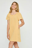GJ3465 YELLOW Girls Textured Ribbed Stripe Off Shoulder Knit Dress Front 2