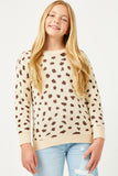 GJ3477 BEIGE Girls Leopard Print Pullover Sweater Knit Top Front