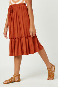GJ3525 RUST Girls Ruffled Knit Elastic Waist Midi Skirt Side