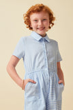 GK1035 BLUE Girls Print Block Collared Button Up Jumpsuit Front