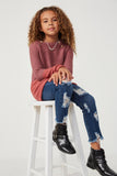 GK1114 MAUVE Girls Roll Up Detail Contrast Knit Pullover Sweater Pose