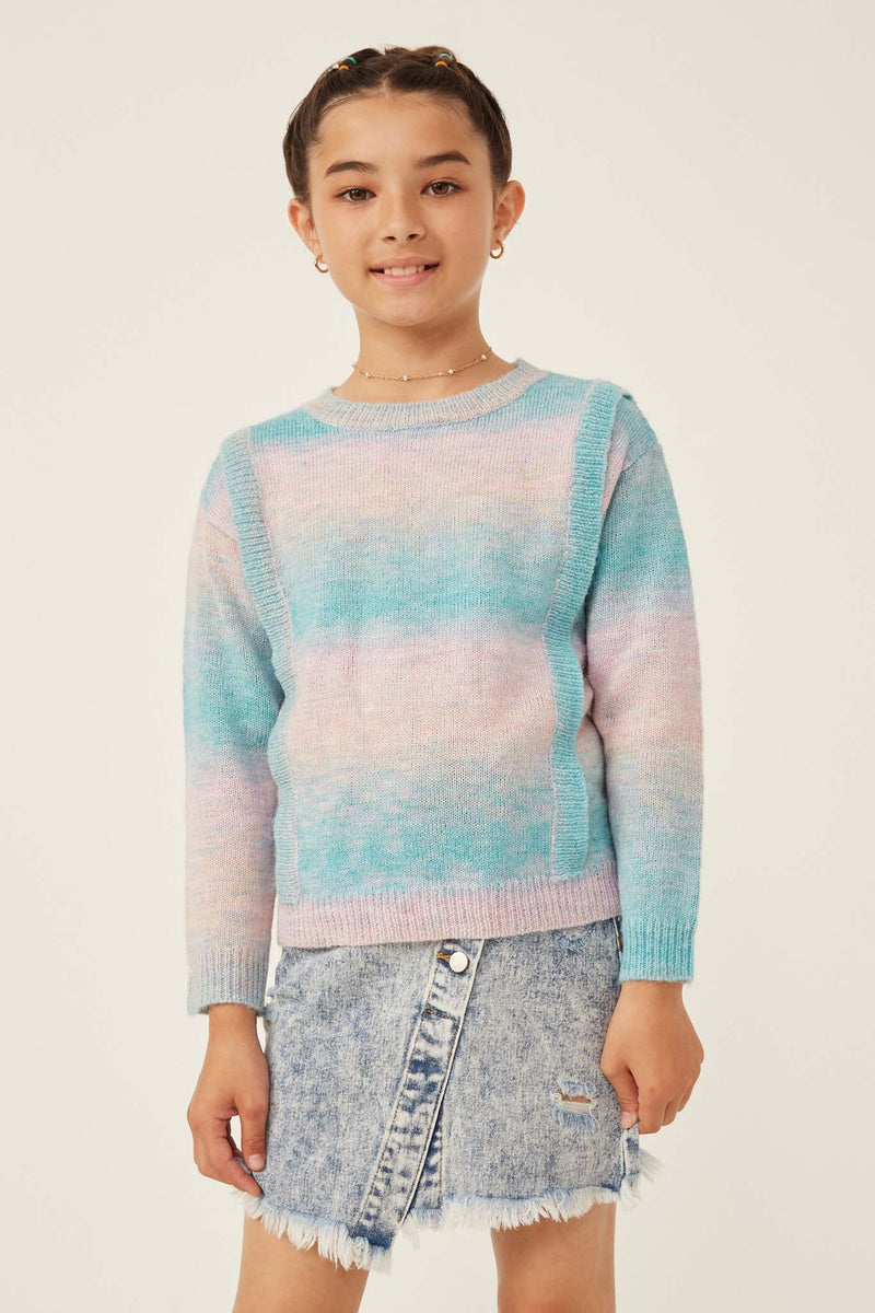 GK1117 Pink Mix Girls Ribbed Ruffle Pullover Ombre Sweater Front
