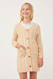 GK1120 Beige Girls Cable Detail V Neck Buttoned Longline Sweater Cardigan Front