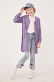 GK1120 Lavender Girls Cable Detail V Neck Buttoned Longline Sweater Cardigan Full Body