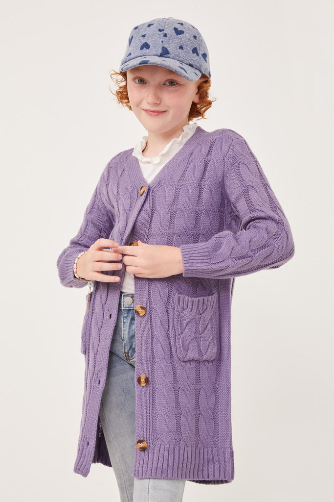 GK1120 Lavender Girls Cable Detail V Neck Buttoned Longline Sweater Cardigan Front