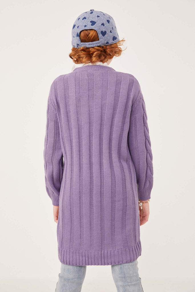 GK1120 Lavender Girls Cable Detail V Neck Buttoned Longline Sweater Cardigan Back